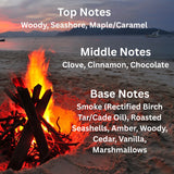 Bonfire Beach Perfume Spray - top notes of woody, seashore, maple/caramel, middle notes of clove, cinnamon, chocolate, base notes of smoke (rectified birch tar and cade oil) roasted seashells, amber, woody, cedar, vanilla, marshmallows
