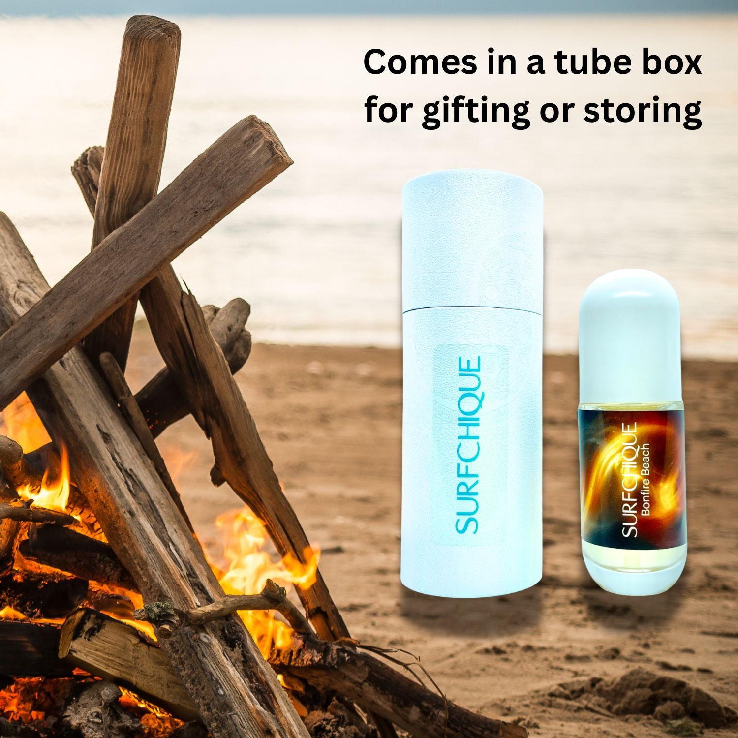 Bonfire Beach perfume spray with tube box for gifting or storing