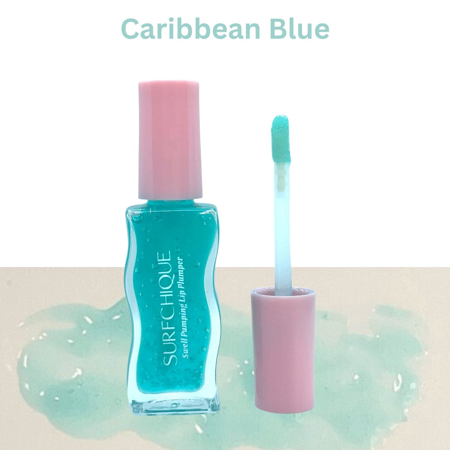 Caribbean_Blue_swatch_with_surfchique lip plumper wavy bottle