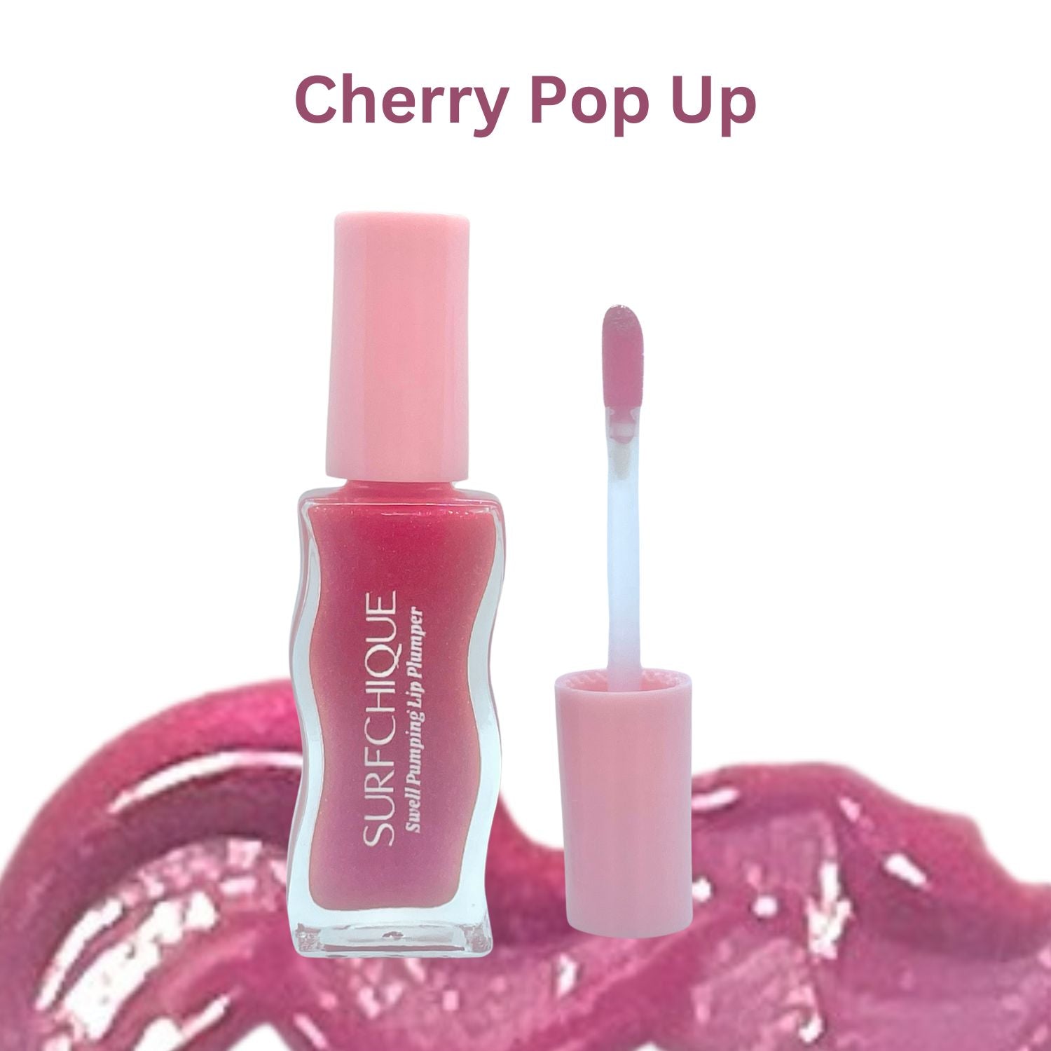 Cherry_Pop_Up_Swatch_with Surfchique wavy lip plumper bottle
