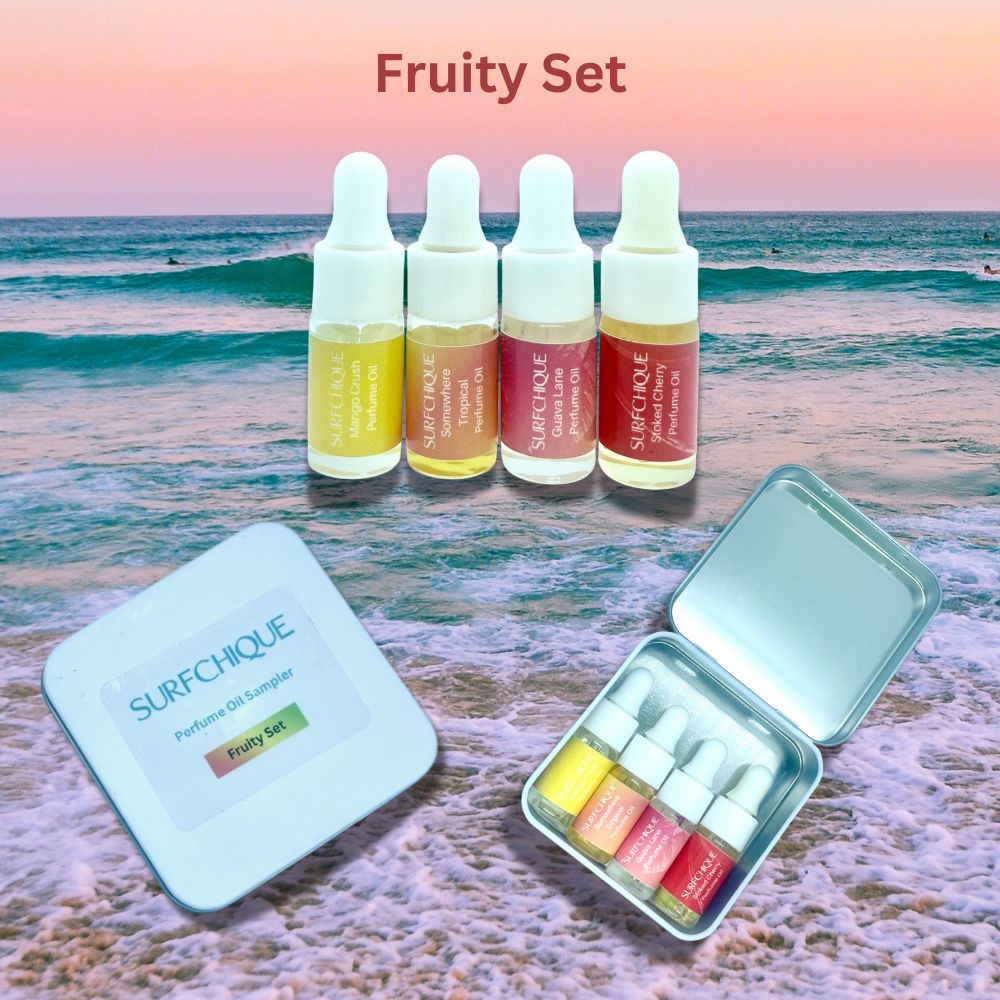 Fruity Set - Mango/Guava/Cherry/Tropical perfume oil discovery set with cute tin box for gifting or travel