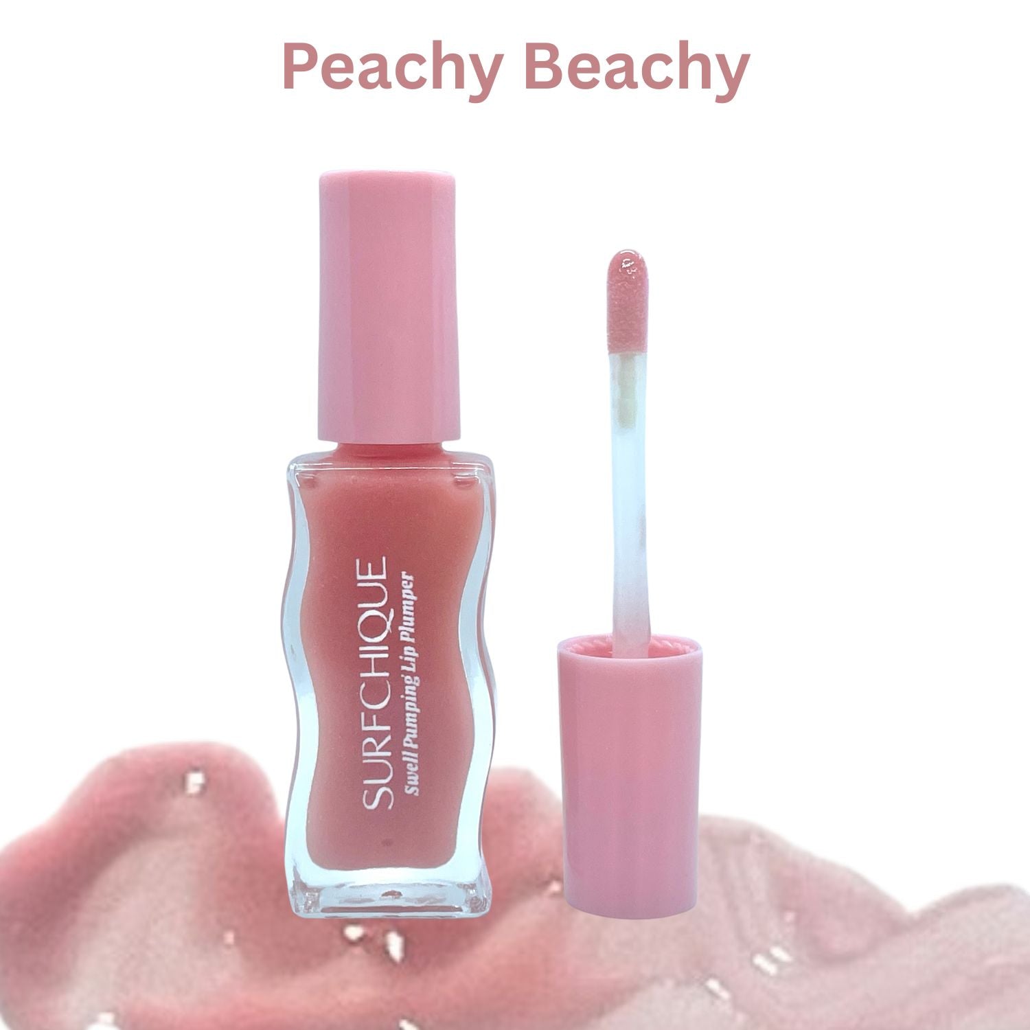 Peachy_Beachy_Swatch_with_surfchique lip plumper wavy bottle