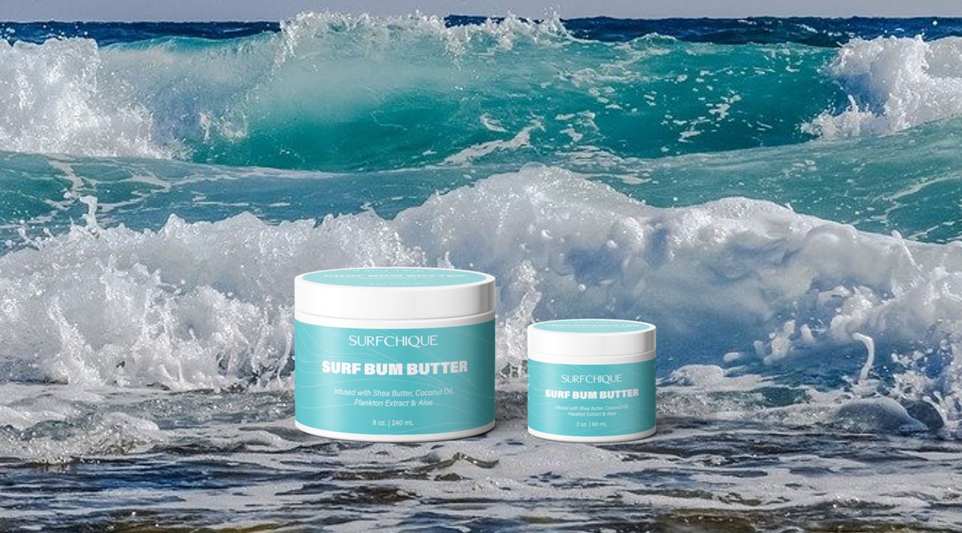 SURFCHIQUE Surf Bum Whipped Body Butter 2 oz and 8 oz in wave shot