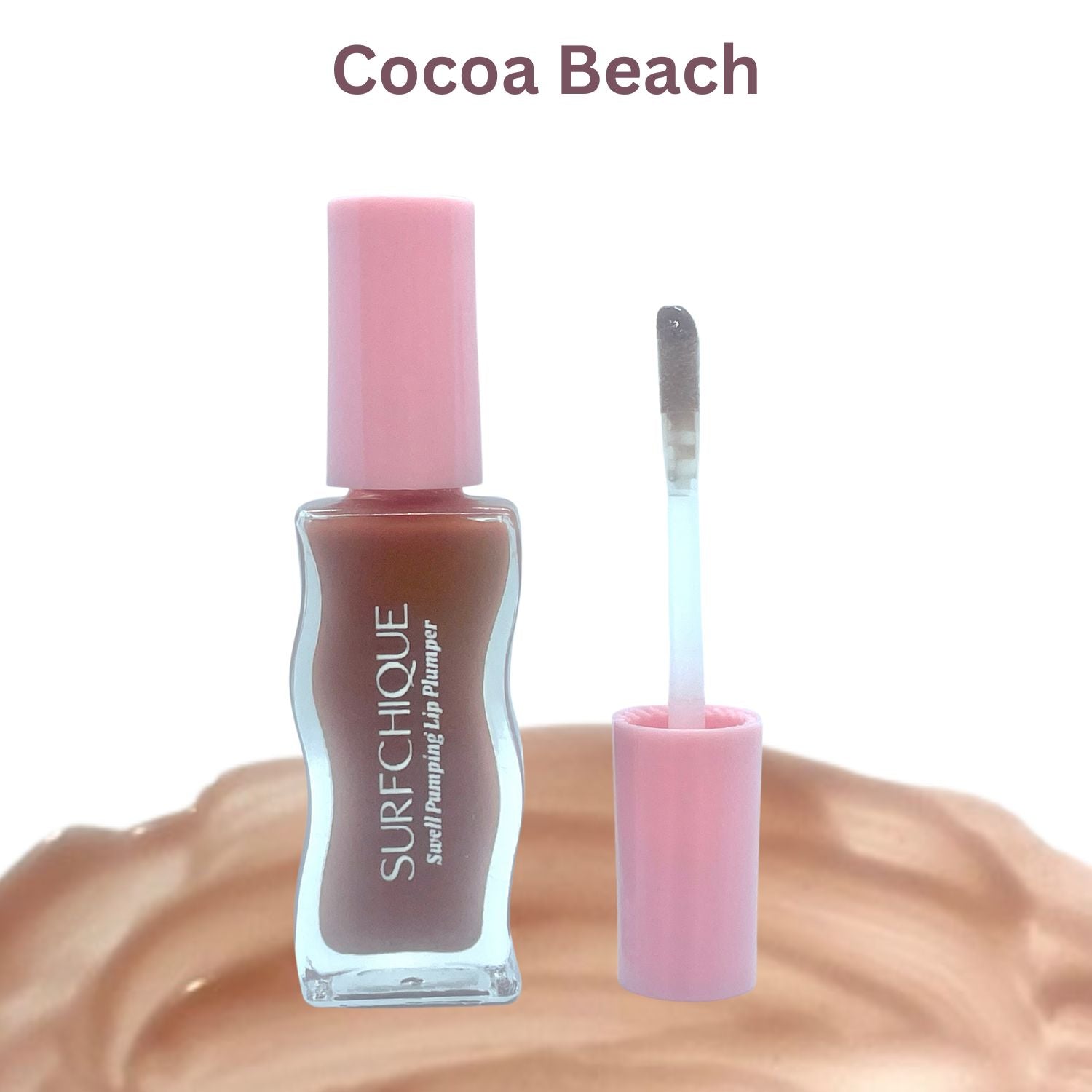 Cocoa_Beach_swatch_with_Surfchique lip plumper wavy bottle