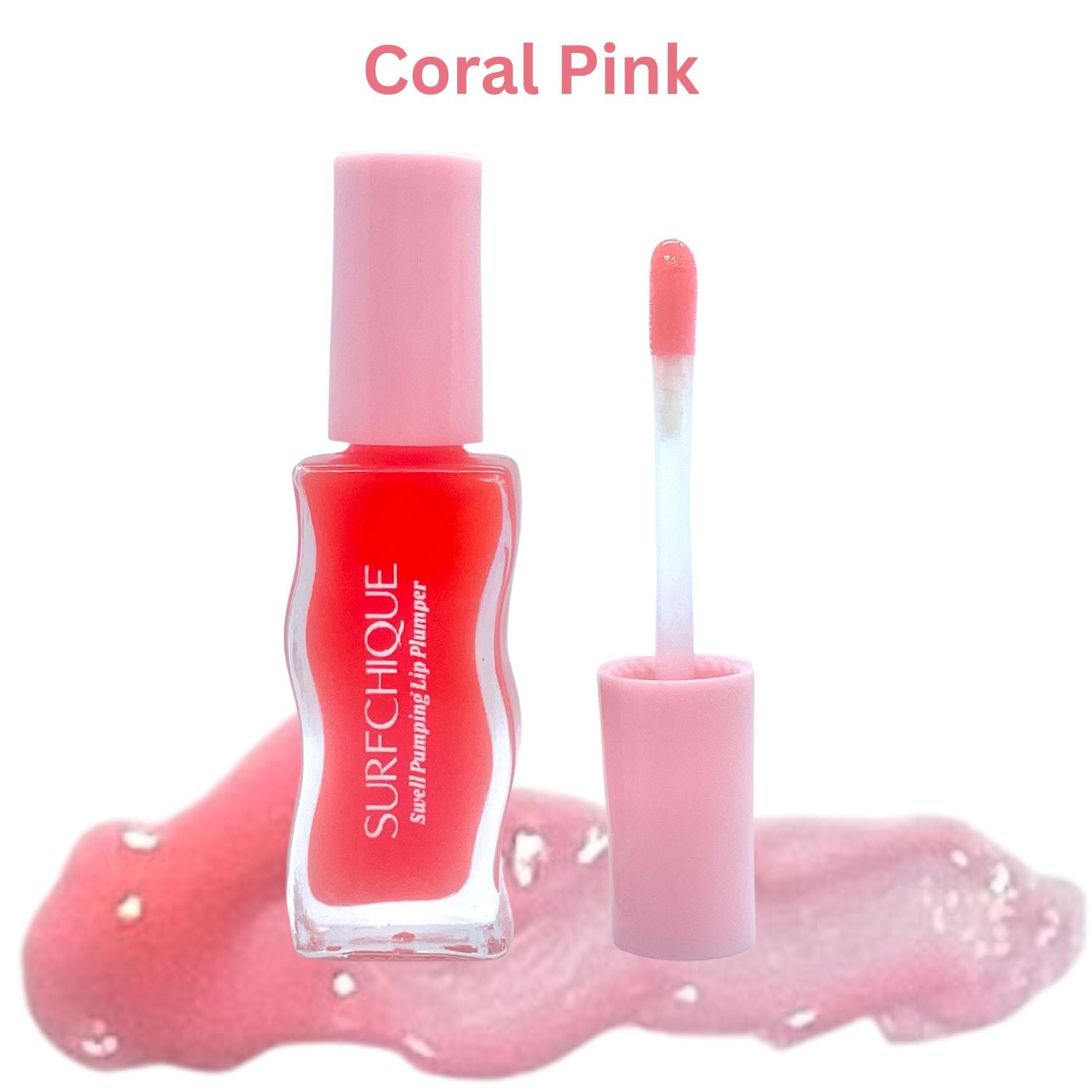 Coral_Pink_Swatch_with_surfchique lip plumper wavy bottle