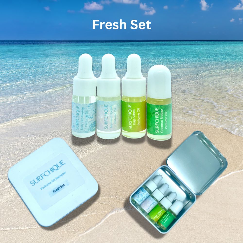 Fresh Set - Ocean Breezy Beach Citrus light coconut  perfume oil discovery set in white tin box for gifting or travel