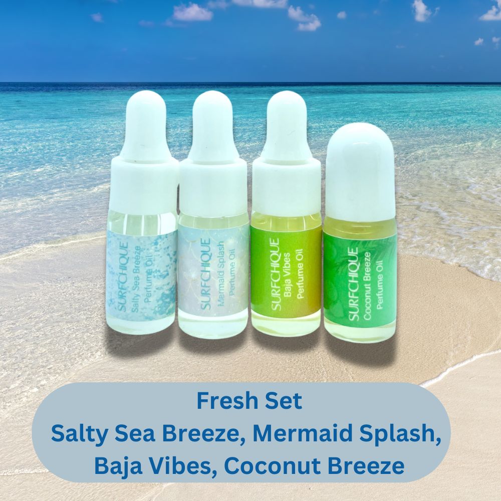 Fresh Set - Salty Sea Breeze, Mermaid Splash, Baja Vibes, Coconut Breeze perfume oil discovery set for samplling