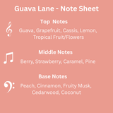 Guava Lane perfume notes - top notes are guava, grapefruit, cassis, lemon, tropical fruit/flowers, middle notes are berry, strawberry, caramel, pine, base notes are peach, cinnamon, fruity music, cedarwood, coconut
