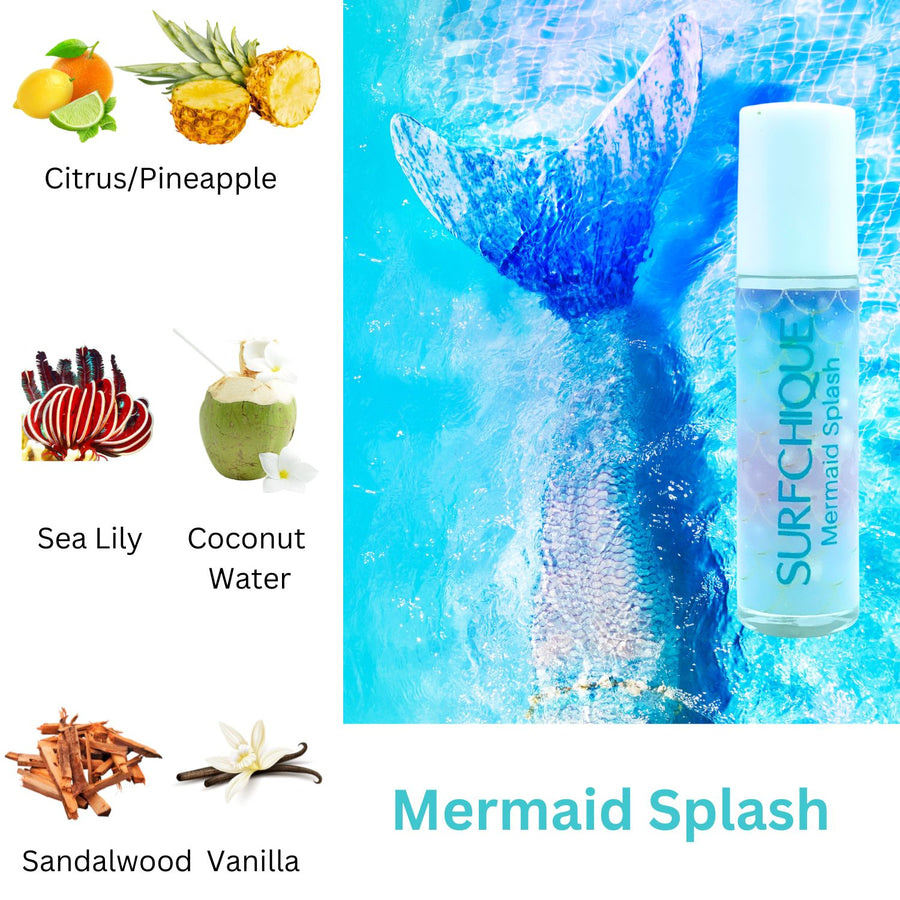 surfchique mermaid splash perfume oil with notes of citrus pineapple sea lily coconut water sandalwood and vanilla