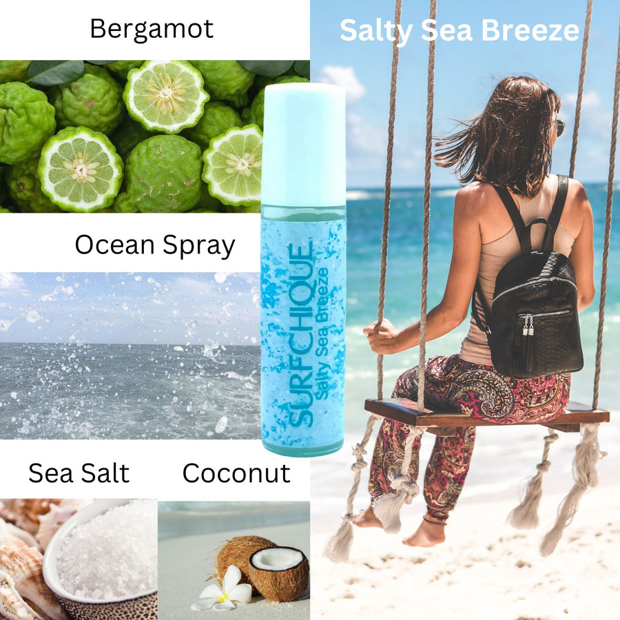surfchique salty sea breeze perfume oil with notes of bergamot ocean spray sea salt and coconut