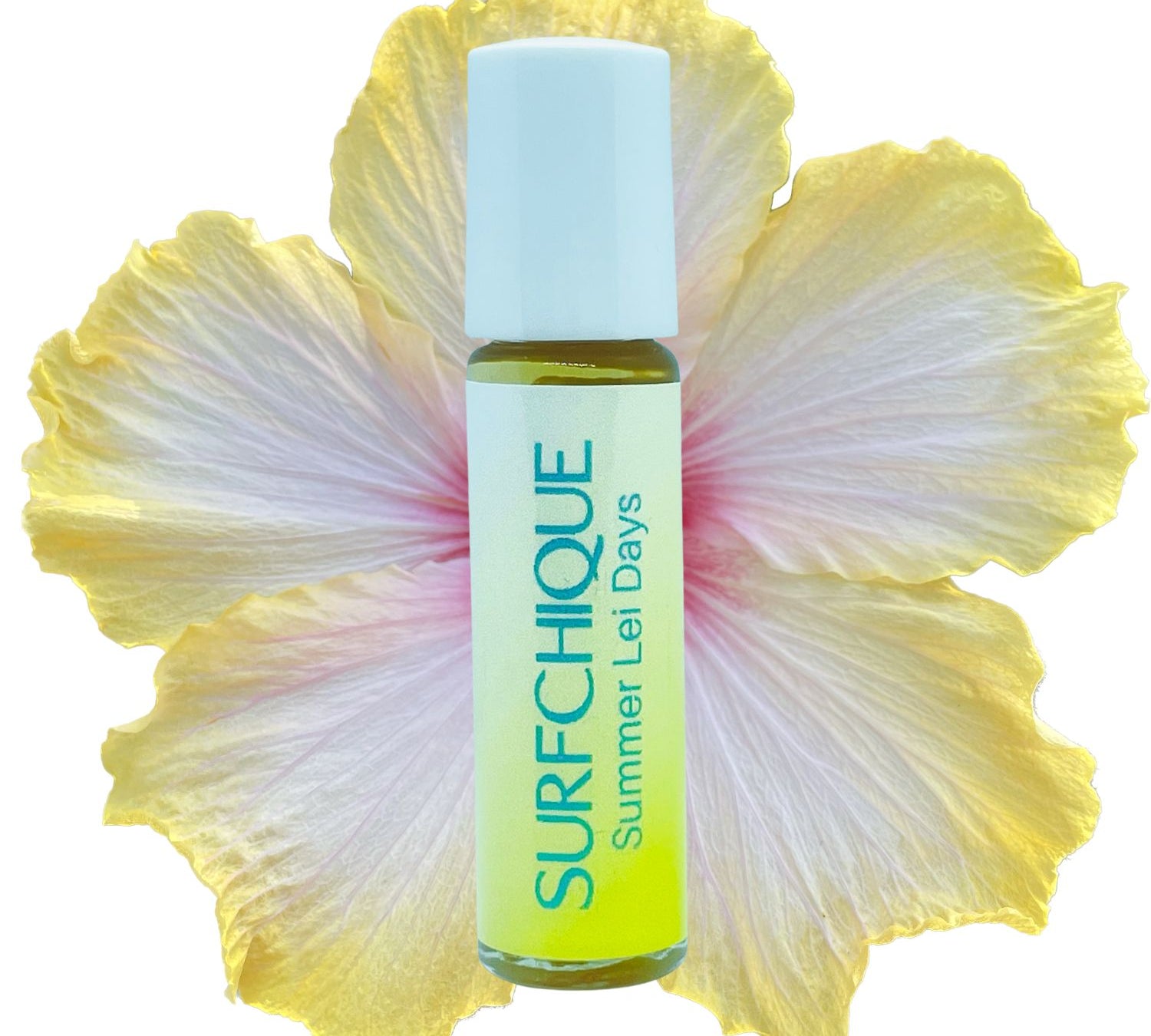 Surfchique perfume oil  oggld with a large yellow flower on a white background