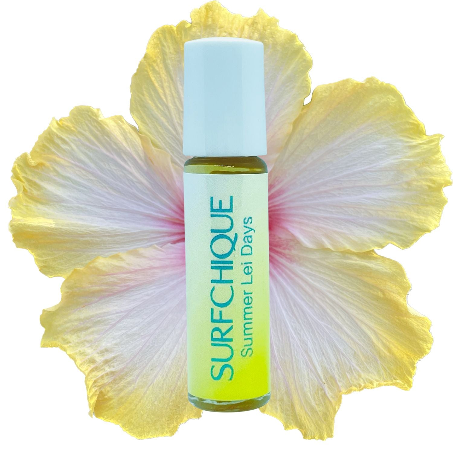Surfchique perfume oil  oggld with a large yellow flower on a white background