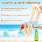 Surfchique Summer Lei Days perfume oil note descriptions - top notes Hibiscus, gardenia, tuberose, citrus, orange, peach, coconut - mid notes: jasmine, carnation, suntan lotion - base notes: peach, rose, vanilla, sandalwood