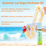 Surfchique Summer Lei Days perfume oil note descriptions - top notes Hibiscus, gardenia, tuberose, citrus, orange, peach, coconut - mid notes: jasmine, carnation, suntan lotion - base notes: peach, rose, vanilla, sandalwood