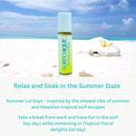 Bottle of Surfchique Summer Lei Days perfume oil on a beach with text about relaxation and tropical vibes.